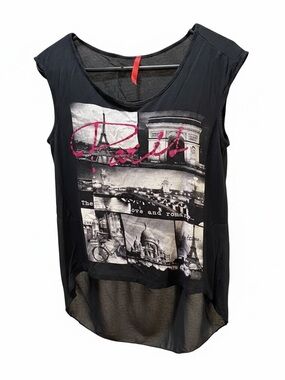 Source Unknown Black Paris Photo Collage Tank with Pink Script